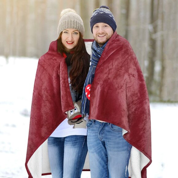 Catalonia Sherpa Wearable Blanket Poncho for Adult Women Men, Wine Color - Picture 5 of 6